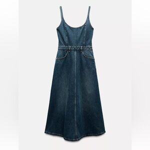 Zara Dark Blue Denim Maxi Overall Dress-Lg